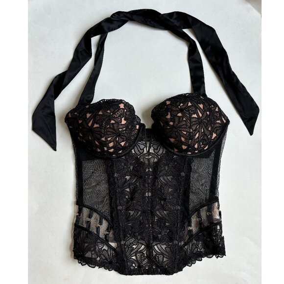 Victora's Secret Corset Top Black Lace Sheer Sequin Halter Ribbon Going Out 36D - Picture 1 of 8